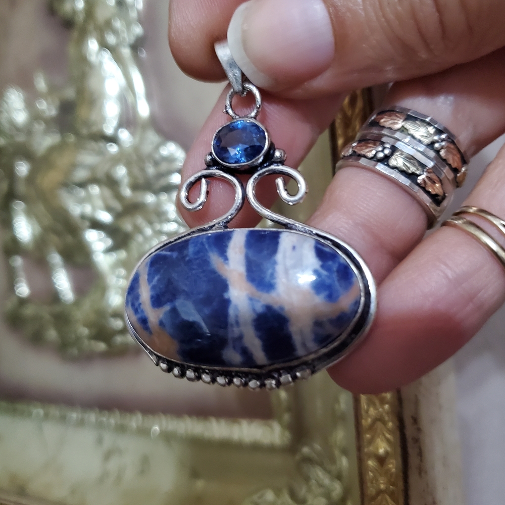 Silver Pendant With Natural Soldalite And Blue Topaz